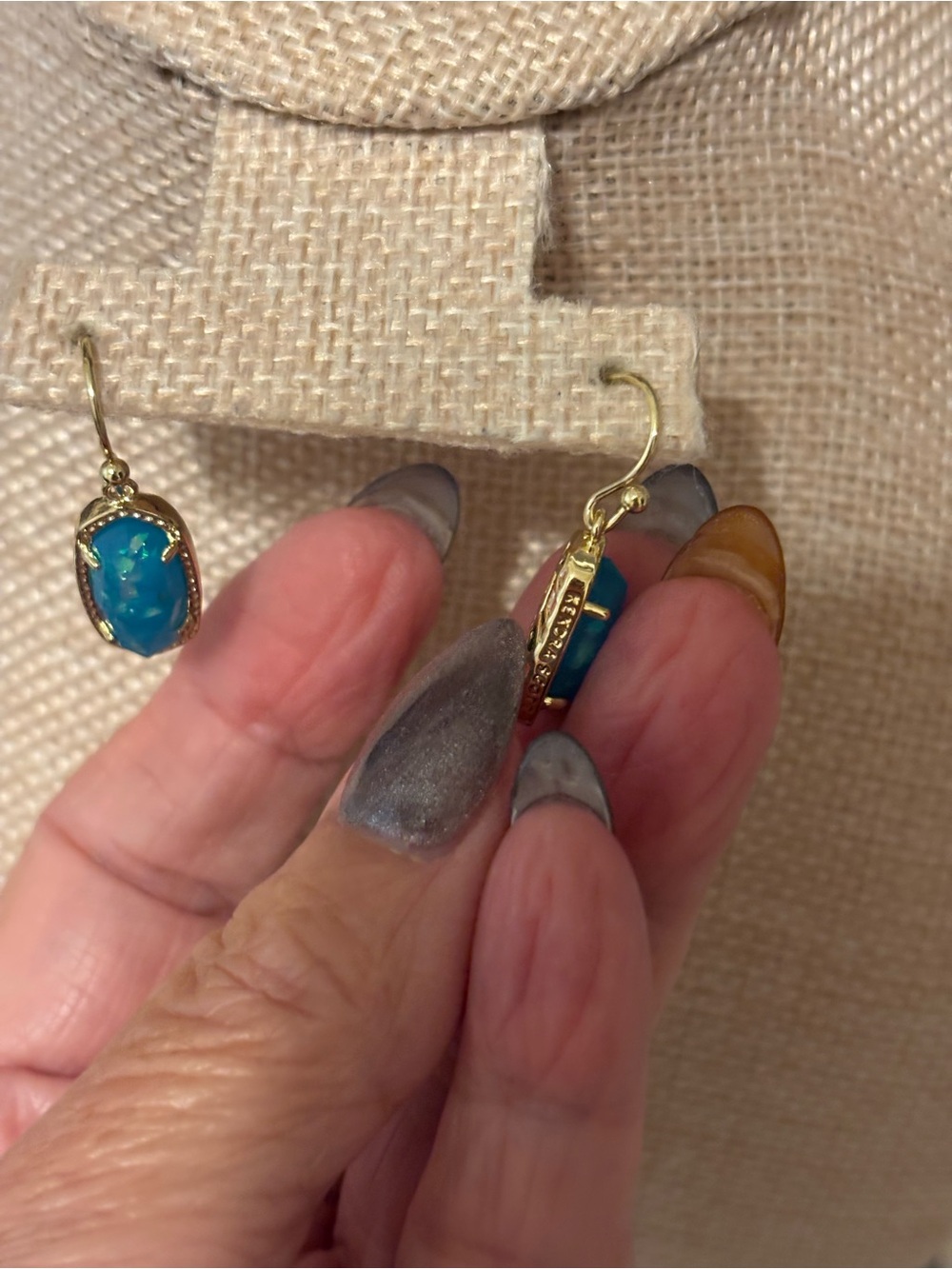 Kendra Scott Gold Dainty Drop Earrings with Bright Teal Blue Stones - Picture 3 of 4